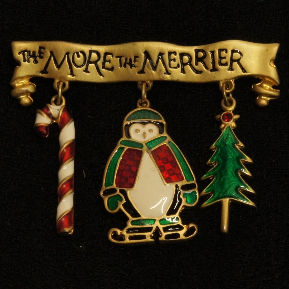 Vintage Christmas Brooch Penguin Dangle Pin The More The Merrier Candy Cane Tree